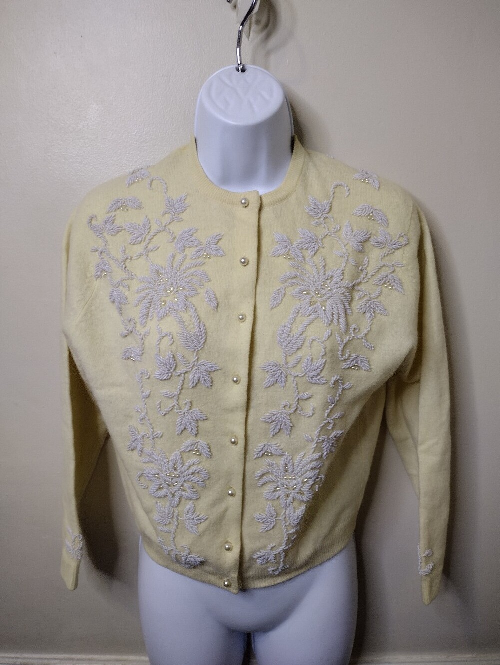Vintage 1950's Pale Yellow Angora & Lambswool Floral Beaded Cardigan Sweater